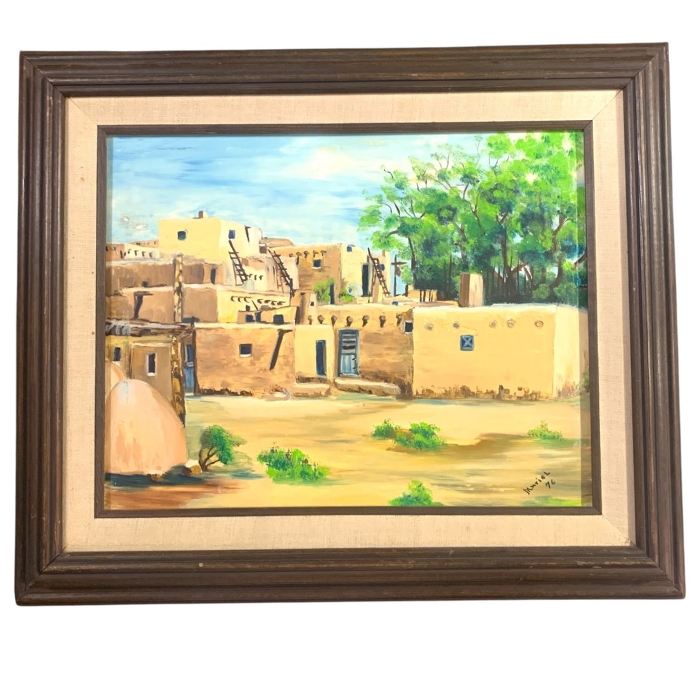 Original 1976 Muriel Louise Wilhelmi Oil Painting Adobe Village Scene Signed VTG